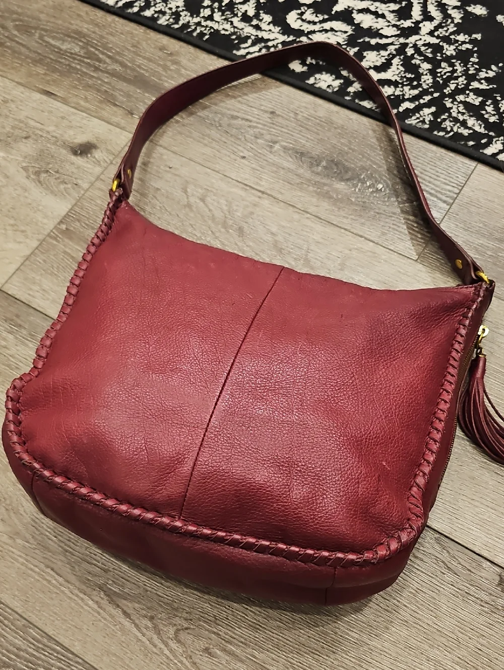C- HOBO Burgundy Leather Shoulder Bag Whipstitching & Tassel (Medium/Large Size)